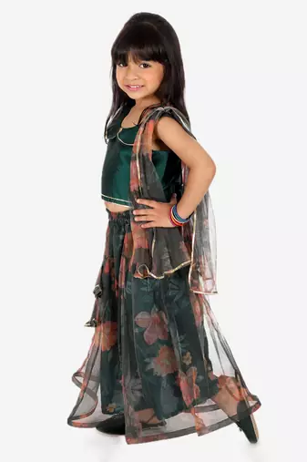 BownBee  Ethnic Chanderi Choli and Floral print Net Lehenga with Attached Dupatta for Baby Girls- Green