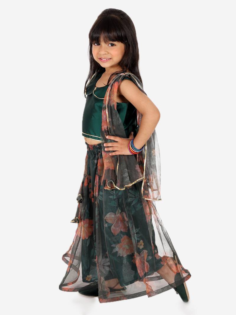 BownBee  Ethnic Chanderi Choli and Floral print Net Lehenga with Attached Dupatta for Baby Girls- Green