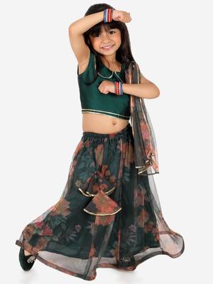 BownBee  Ethnic Chanderi Choli and Floral print Net Lehenga with Attached Dupatta for Baby Girls- Green 5