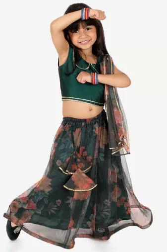 BownBee  Ethnic Chanderi Choli and Floral print Net Lehenga with Attached Dupatta for Baby Girls- Green