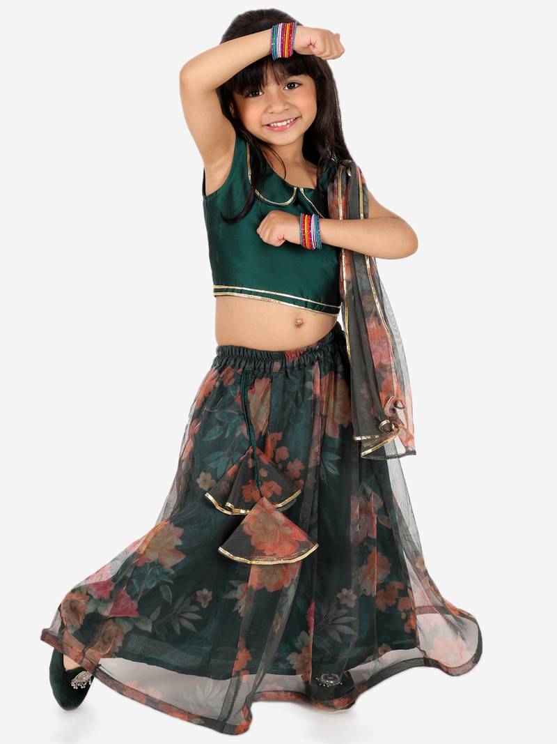 BownBee  Ethnic Chanderi Choli and Floral print Net Lehenga with Attached Dupatta for Baby Girls- Green