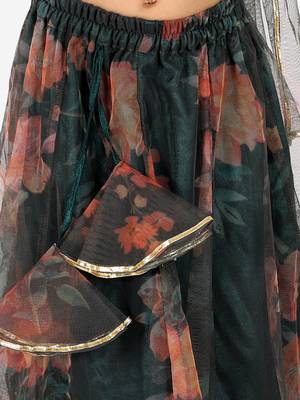 BownBee  Ethnic Chanderi Choli and Floral print Net Lehenga with Attached Dupatta for Baby Girls- Green 6
