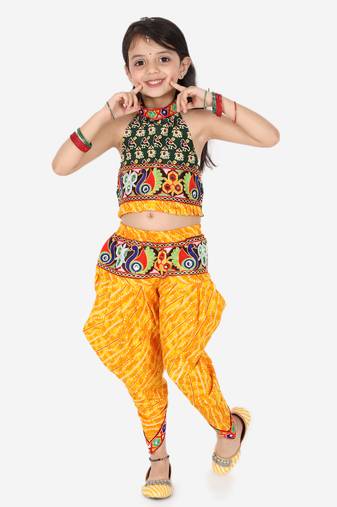 BownBee Girls Ethnic Navratri Indo-western Wear Cotton Choli Top with elastic dhoti - Yellow