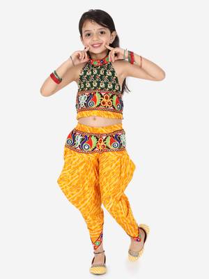 BownBee Girls Ethnic Navratri Indo-western Wear Cotton Choli Top with elastic dhoti - Yellow 1