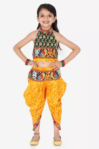 BownBee Girls Ethnic Navratri Indo-western Wear Cotton Choli Top with elastic dhoti - Yellow