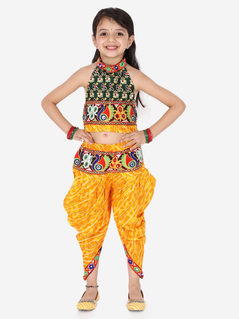 BownBee Girls Ethnic Navratri Indo-western Wear Cotton Choli Top with elastic dhoti - Yellow
