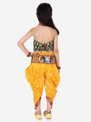 BownBee Girls Ethnic Navratri Indo-western Wear Cotton Choli Top with elastic dhoti - Yellow 4