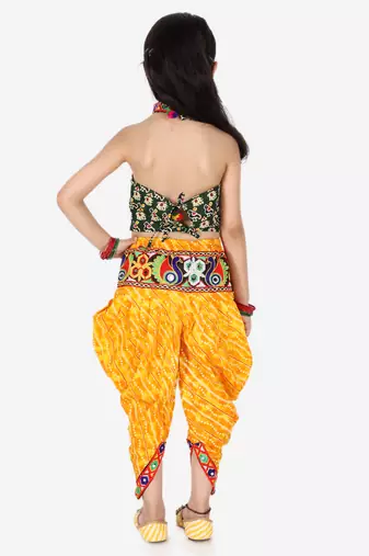 BownBee Girls Ethnic Navratri Indo-western Wear Cotton Choli Top with elastic dhoti - Yellow
