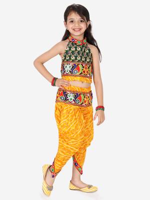 BownBee Girls Ethnic Navratri Indo-western Wear Cotton Choli Top with elastic dhoti - Yellow 6