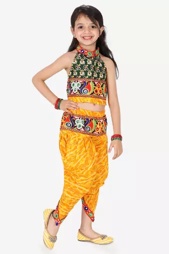 BownBee Girls Ethnic Navratri Indo-western Wear Cotton Choli Top with elastic dhoti - Yellow