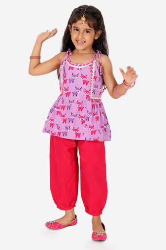 BownBee Printed Cotton Indo Westren Top with Harem Dhoti Suit Set for Girls- Purple