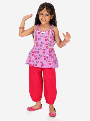 BownBee Printed Cotton Indo Westren Top with Harem Dhoti Suit Set for Girls- Purple 1