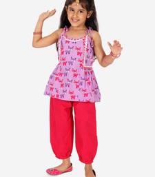 BownBee Printed Cotton Indo Westren Top with Harem Dhoti Suit Set for Girls- Purple
