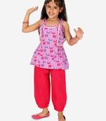 BownBee Printed Cotton Indo Westren Top with Harem Dhoti Suit Set for Girls- Purple
