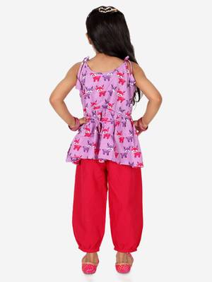 BownBee Printed Cotton Indo Westren Top with Harem Dhoti Suit Set for Girls- Purple 3