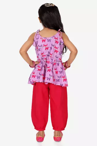 BownBee Printed Cotton Indo Westren Top with Harem Dhoti Suit Set for Girls- Purple