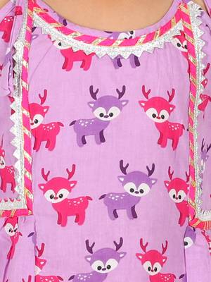 BownBee Printed Cotton Indo Westren Top with Harem Dhoti Suit Set for Girls- Purple 4