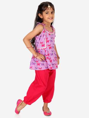 BownBee Printed Cotton Indo Westren Top with Harem Dhoti Suit Set for Girls- Purple 5