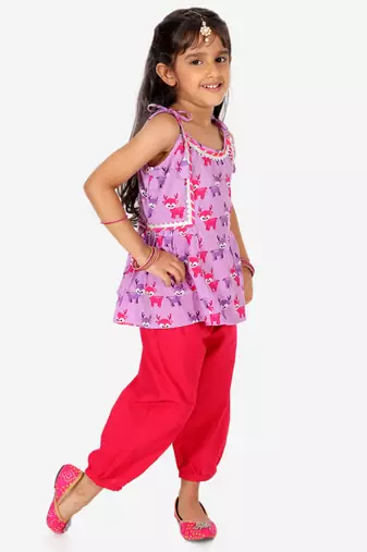 BownBee Printed Cotton Indo Westren Top with Harem Dhoti Suit Set for Girls- Purple