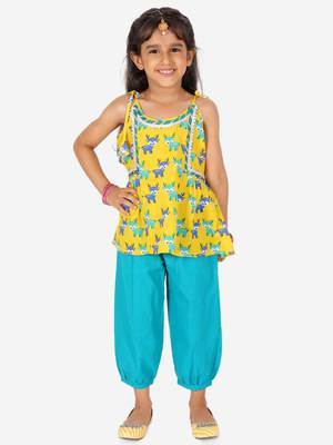 BownBee Printed Cotton Indo Westren Top with Harem Dhoti Suit Set for Girls- Yellow 1