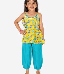 BownBee Printed Cotton Indo Westren Top with Harem Dhoti Suit Set for Girls- Yellow
