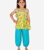 BownBee Printed Cotton Indo Westren Top with Harem Dhoti Suit Set for Girls- Yellow