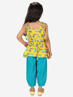 BownBee Printed Cotton Indo Westren Top with Harem Dhoti Suit Set for Girls- Yellow 2