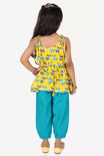 BownBee Printed Cotton Indo Westren Top with Harem Dhoti Suit Set for Girls- Yellow