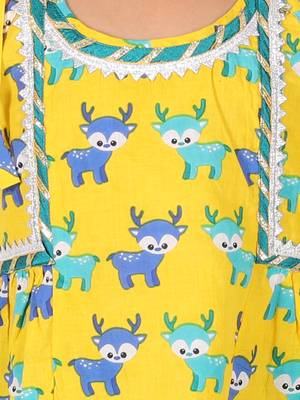 BownBee Printed Cotton Indo Westren Top with Harem Dhoti Suit Set for Girls- Yellow 4