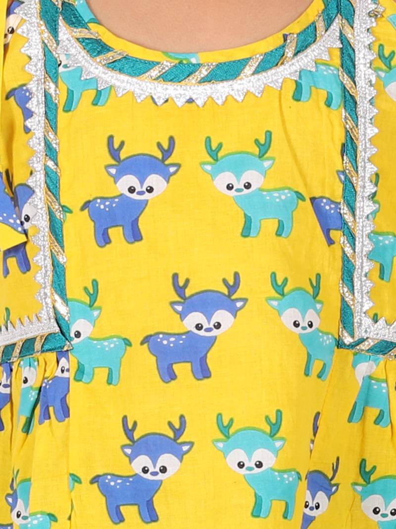 BownBee Printed Cotton Indo Westren Top with Harem Dhoti Suit Set for Girls- Yellow