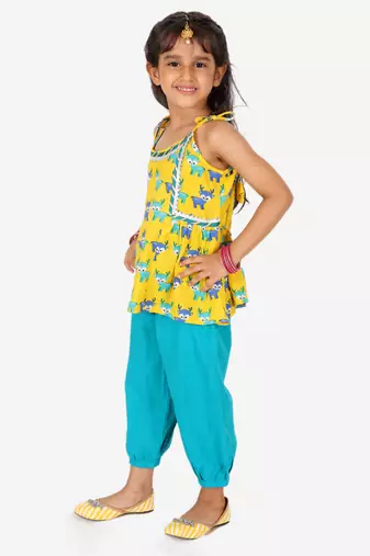 BownBee Printed Cotton Indo Westren Top with Harem Dhoti Suit Set for Girls- Yellow