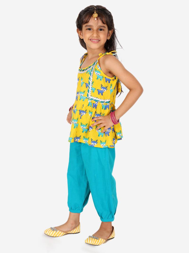 BownBee Printed Cotton Indo Westren Top with Harem Dhoti Suit Set for Girls- Yellow
