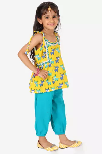 BownBee Printed Cotton Indo Westren Top with Harem Dhoti Suit Set for Girls- Yellow