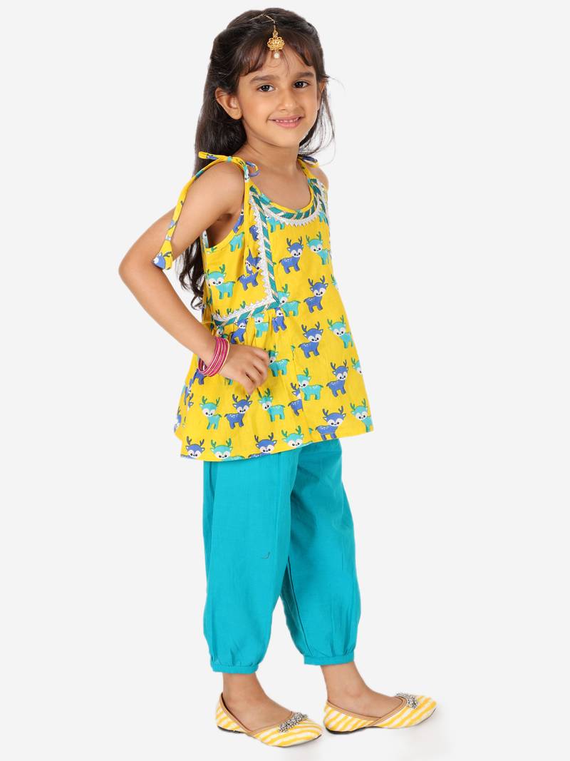 BownBee Printed Cotton Indo Westren Top with Harem Dhoti Suit Set for Girls- Yellow