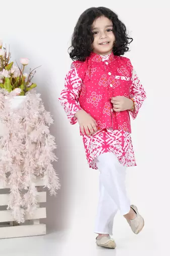 BownBee Pure Cotton Kurta Pajama with Jacket for Boys- Pink