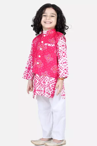 BownBee Pure Cotton Kurta Pajama with Jacket for Boys- Pink