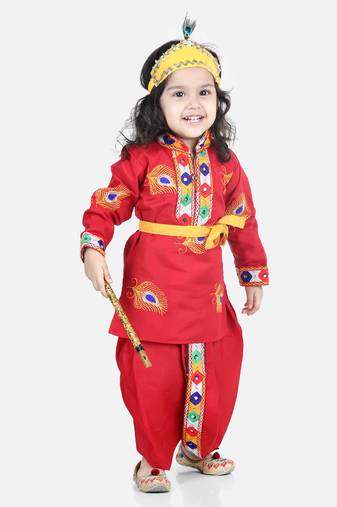 BownBee Janmashtami Cotton Kanhaiya Krishna Suit Dhoti Kurta with Mukut Bansuri Belt for Boys - Red