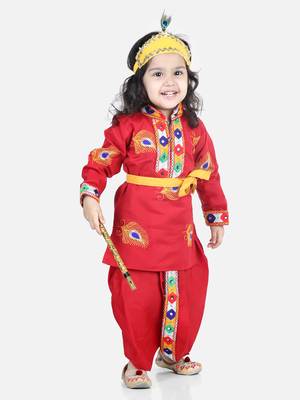 BownBee Janmashtami Cotton Kanhaiya Krishna Suit Dhoti Kurta with Mukut Bansuri Belt for Boys - Red 1