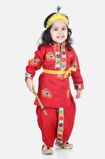 BownBee Janmashtami Cotton Kanhaiya Krishna Suit Dhoti Kurta with Mukut Bansuri Belt for Boys - Red