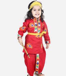 BownBee Janmashtami Cotton Kanhaiya Krishna Suit Dhoti Kurta with Mukut Bansuri Belt for Boys - Red