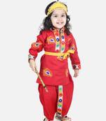 BownBee Janmashtami Cotton Kanhaiya Krishna Suit Dhoti Kurta with Mukut Bansuri Belt for Boys - Red
