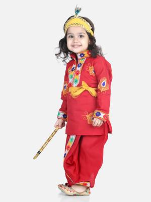 BownBee Janmashtami Cotton Kanhaiya Krishna Suit Dhoti Kurta with Mukut Bansuri Belt for Boys - Red 2
