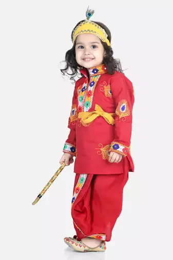 BownBee Janmashtami Cotton Kanhaiya Krishna Suit Dhoti Kurta with Mukut Bansuri Belt for Boys - Red