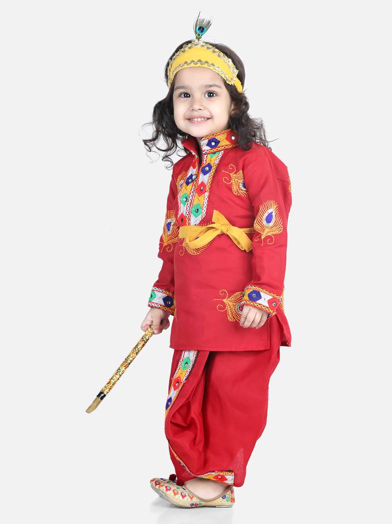BownBee Janmashtami Cotton Kanhaiya Krishna Suit Dhoti Kurta with Mukut Bansuri Belt for Boys - Red