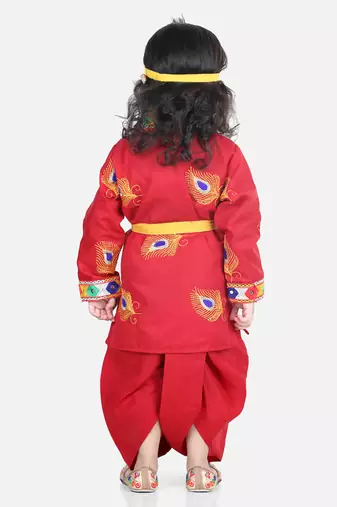 BownBee Janmashtami Cotton Kanhaiya Krishna Suit Dhoti Kurta with Mukut Bansuri Belt for Boys - Red