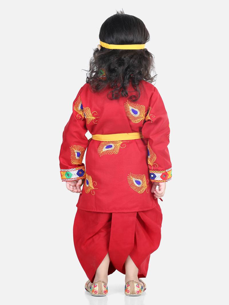 BownBee Janmashtami Cotton Kanhaiya Krishna Suit Dhoti Kurta with Mukut Bansuri Belt for Boys - Red