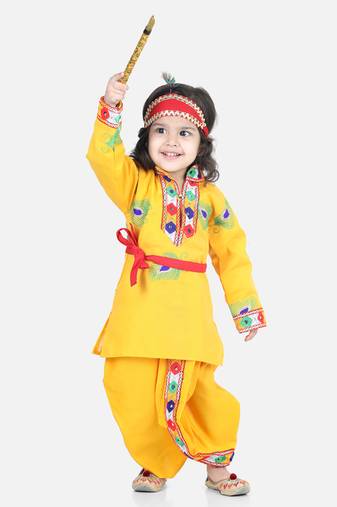 BownBee Janmashtami Cotton Kanhaiya Krishna Suit Dhoti Kurta with Mukut Bansuri Belt for Boys-Yellow