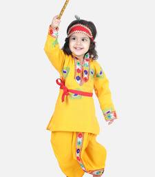 BownBee Janmashtami Cotton Kanhaiya Krishna Suit Dhoti Kurta with Mukut Bansuri Belt for Boys-Yellow
