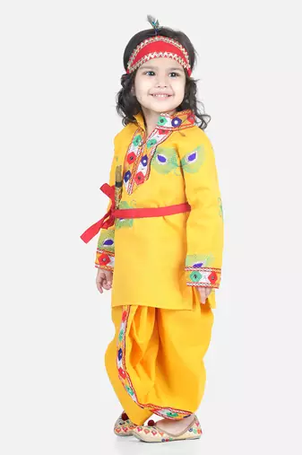 BownBee Janmashtami Cotton Kanhaiya Krishna Suit Dhoti Kurta with Mukut Bansuri Belt for Boys-Yellow