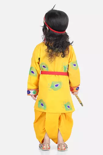 BownBee Janmashtami Cotton Kanhaiya Krishna Suit Dhoti Kurta with Mukut Bansuri Belt for Boys-Yellow